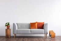 a grey sofa in a white room with a potted plant